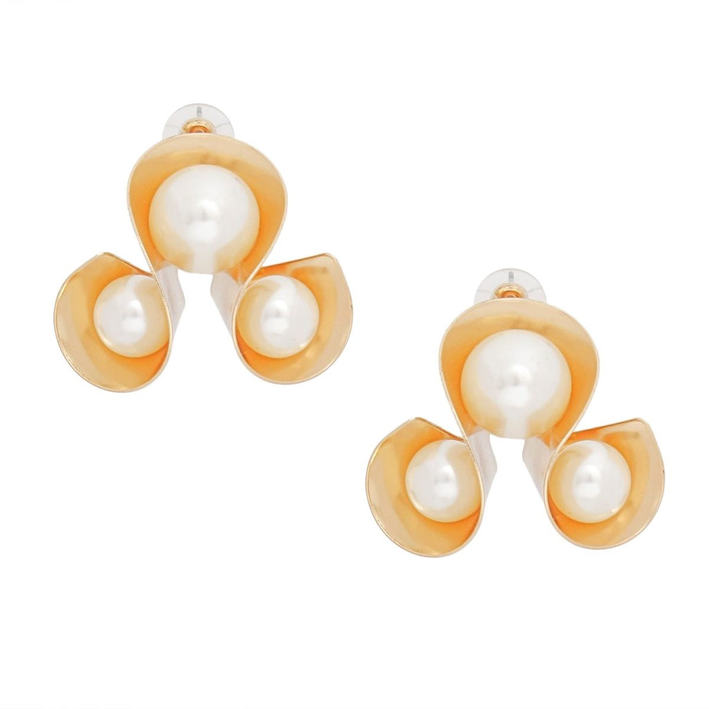 Gold Stud Earrings Triple Loop Design Pearl Embellished | Fashion Jewelry