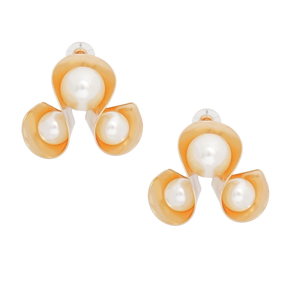 Gold Stud Earrings Triple Loop Design Pearl Embellished | Fashion Jewelry