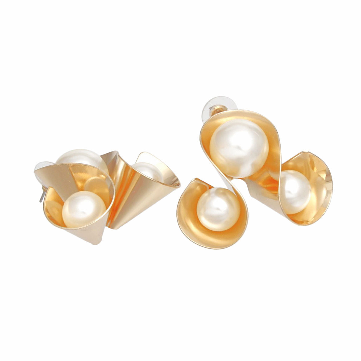 Gold Stud Earrings Triple Loop Design Pearl Embellished | Fashion Jewelry