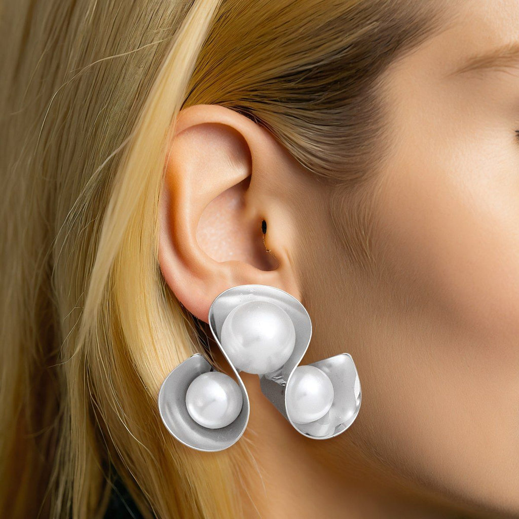 Silver Stud Earrings Triple Loop Design Pearl Embellished | Fashion Jewelry