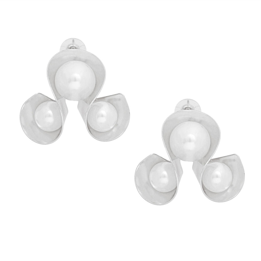 Silver Stud Earrings Triple Loop Design Pearl Embellished | Fashion Jewelry