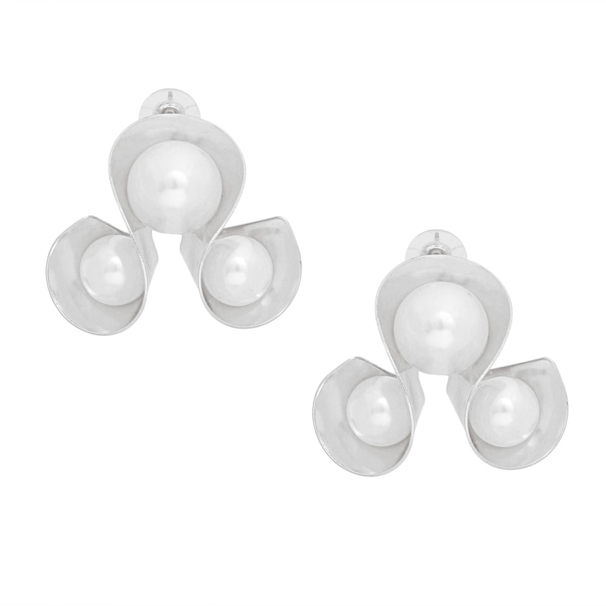 Silver Stud Earrings Triple Loop Design Pearl Embellished | Fashion Jewelry