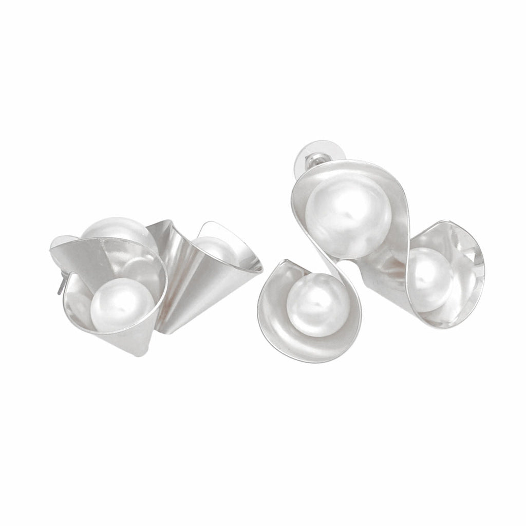 Silver Stud Earrings Triple Loop Design Pearl Embellished | Fashion Jewelry