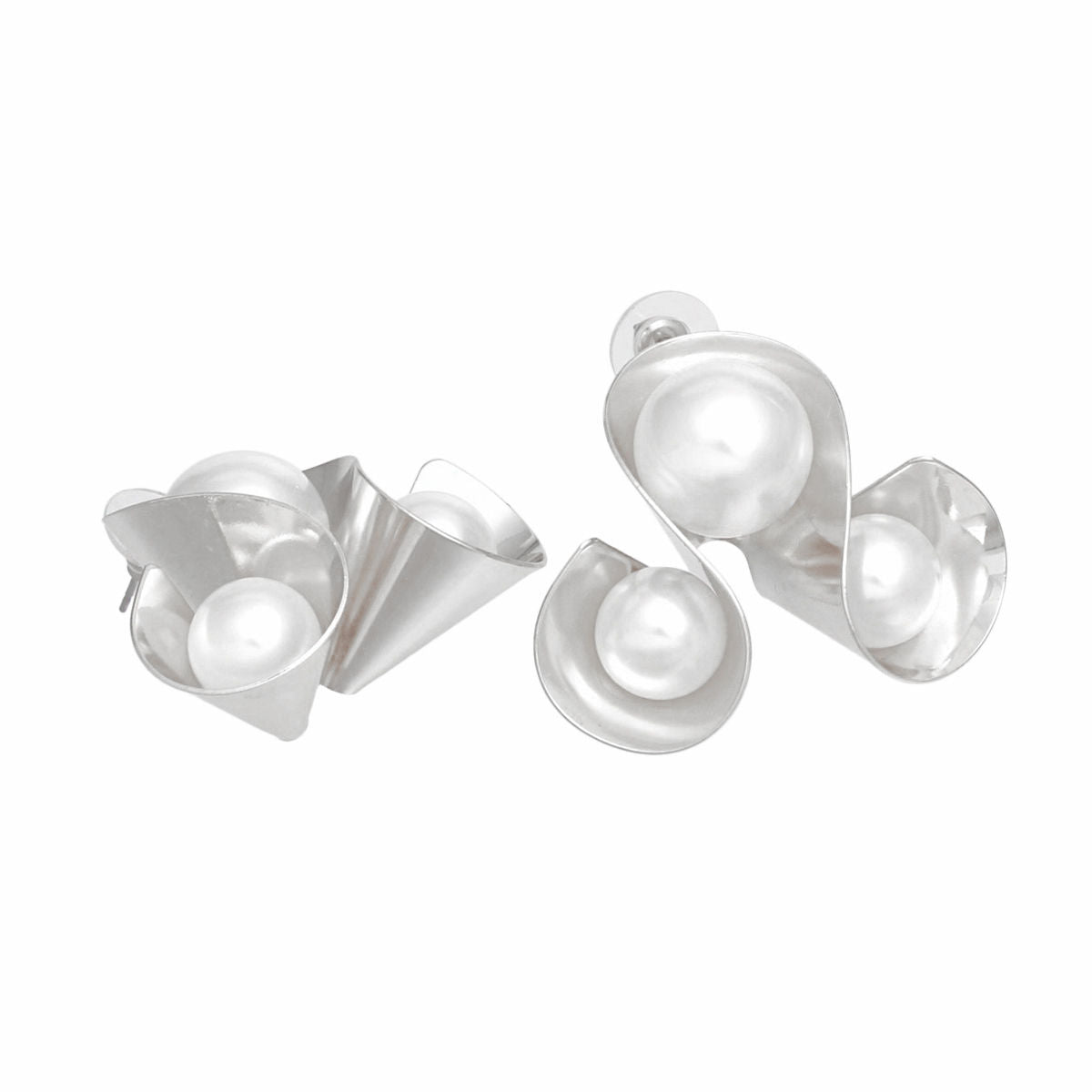 Silver Stud Earrings Triple Loop Design Pearl Embellished | Fashion Jewelry