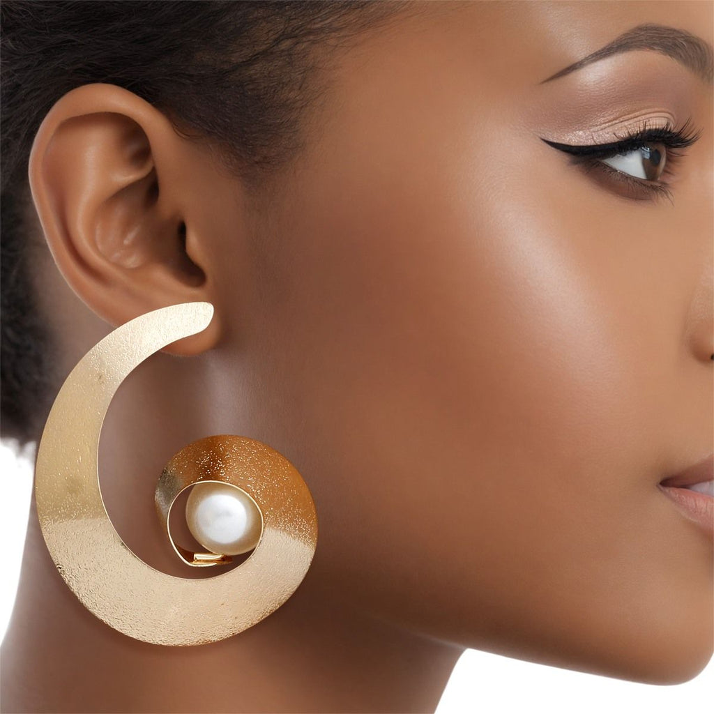 Gold Spiral Earrings Handmade Cream Pearl Accent Earrings