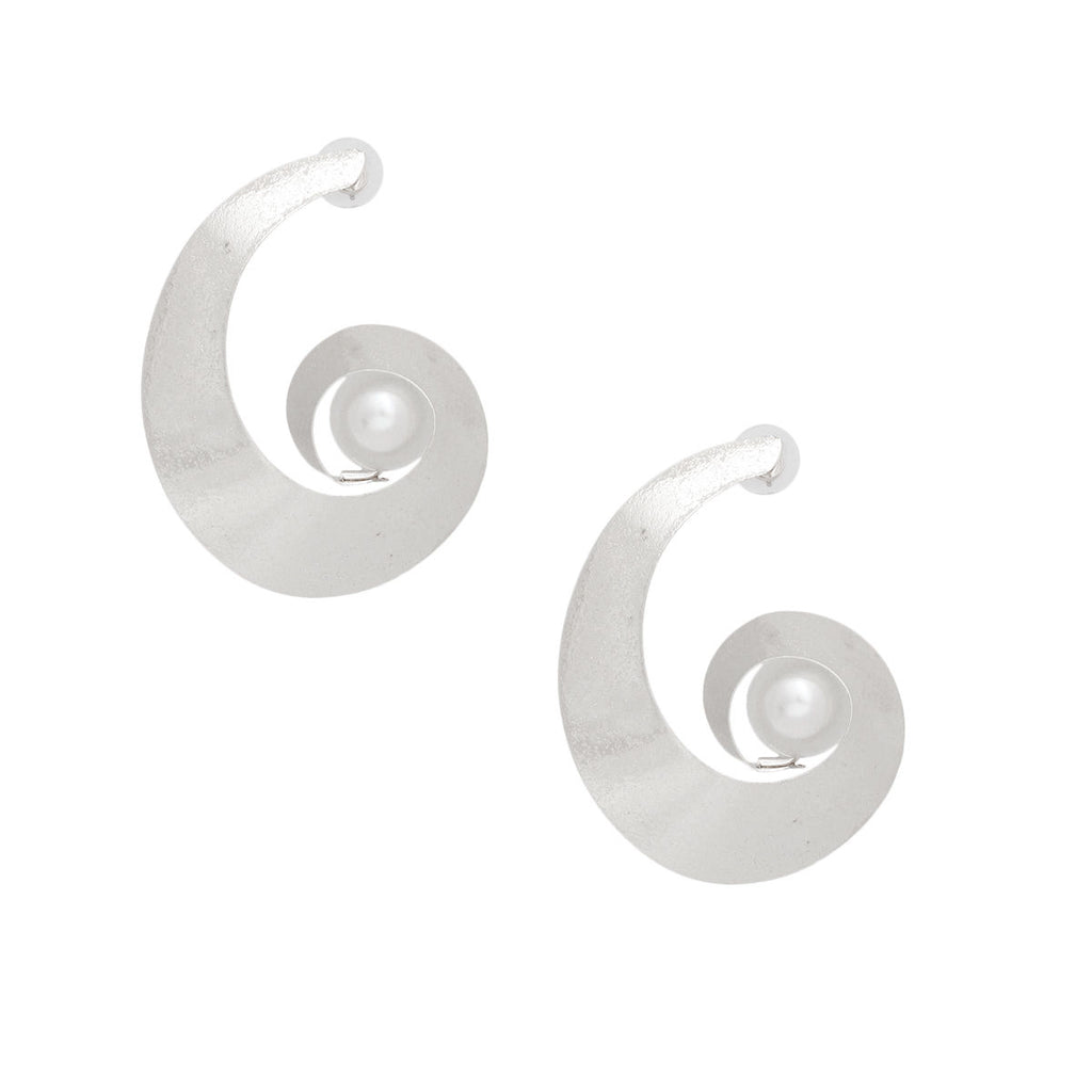 Silver Spiral Earrings Handmade White Pearl Accent Earrings