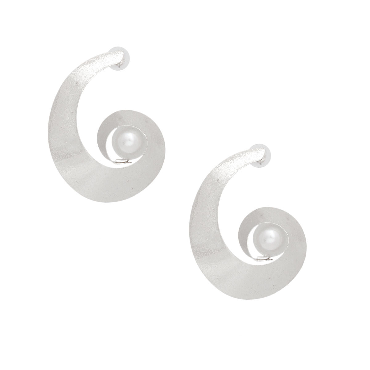 Silver Spiral Earrings Handmade White Pearl Accent Earrings