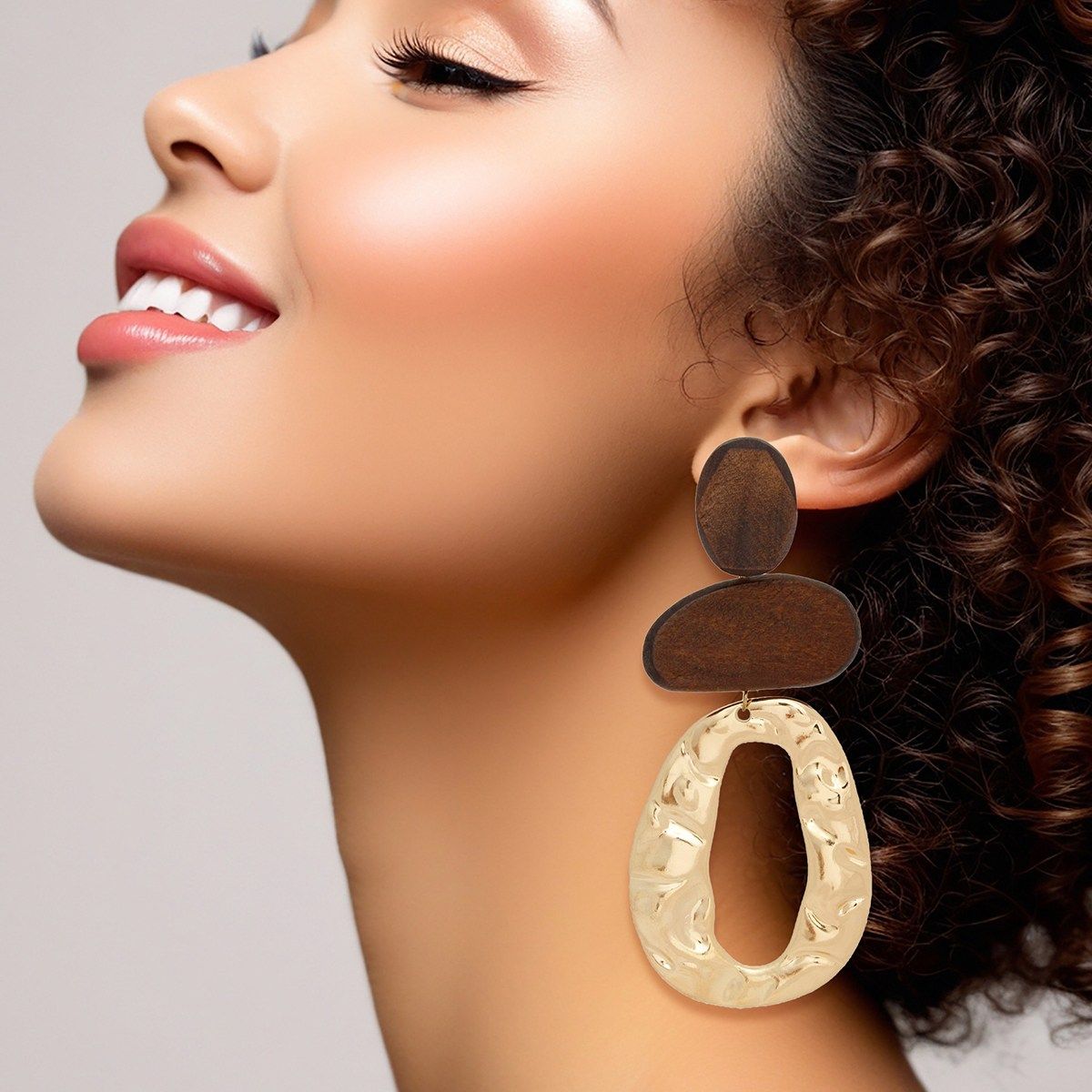 Brown Wooden Gold Earrings Geometric Wavy Design