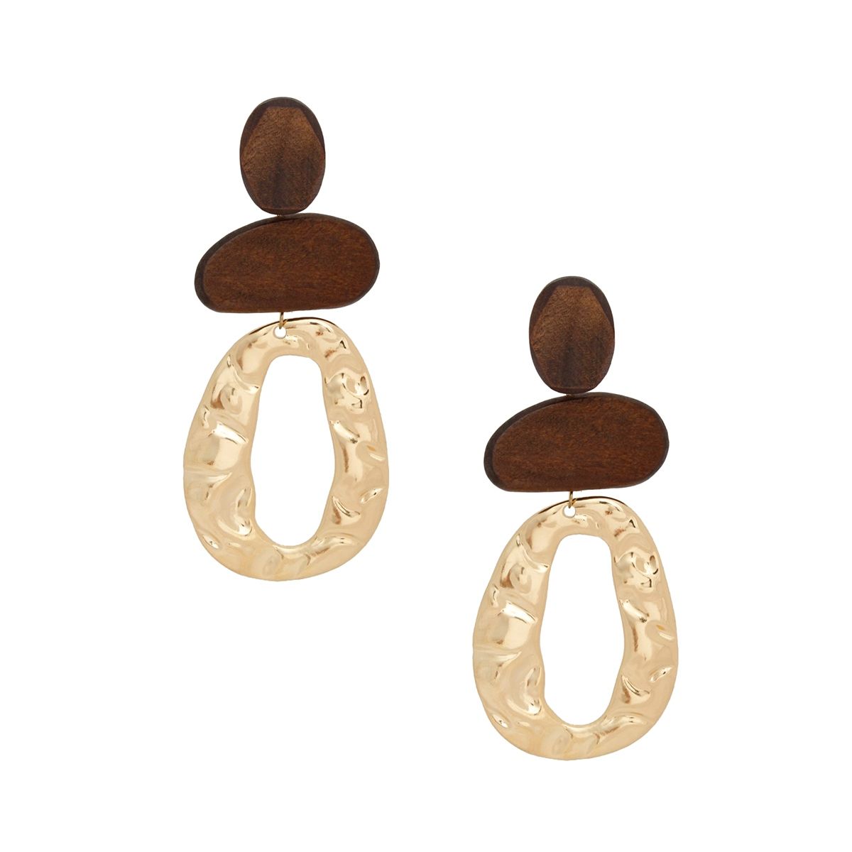 Brown Wooden Gold Earrings Geometric Wavy Design