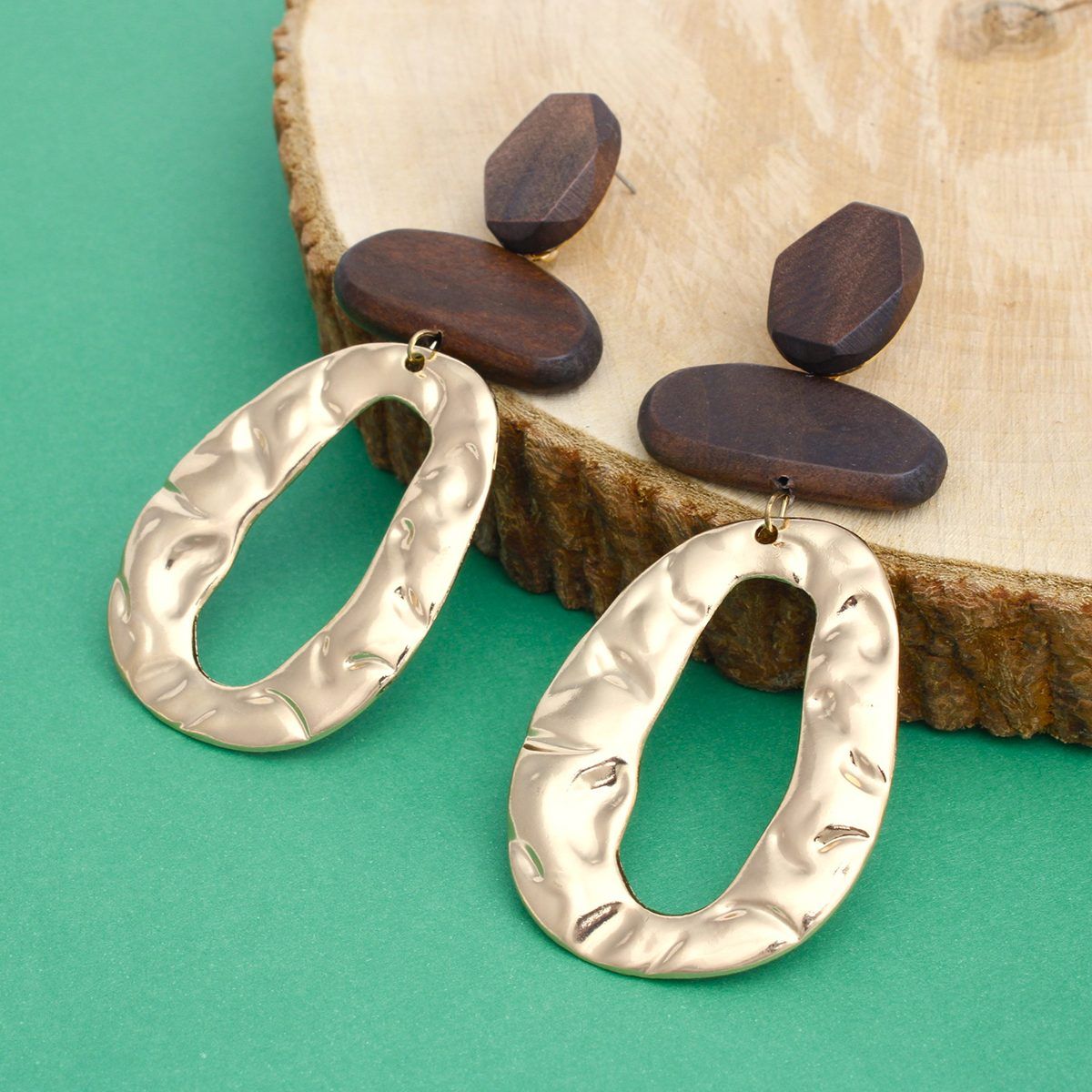 Brown Wooden Gold Earrings Geometric Wavy Design
