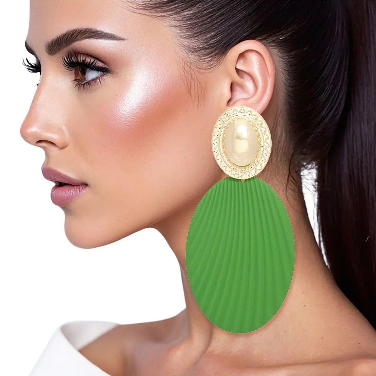 Green Oval Drop Earrings – Gold Tone Stud, Ribbed Texture | Statement Fashion Jewelry