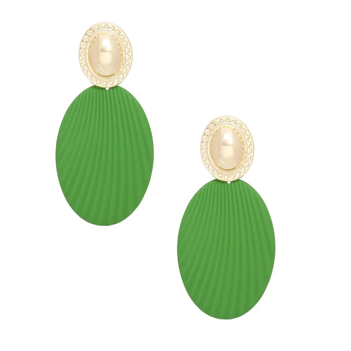 Green Oval Drop Earrings – Gold Tone Stud, Ribbed Texture | Statement Fashion Jewelry