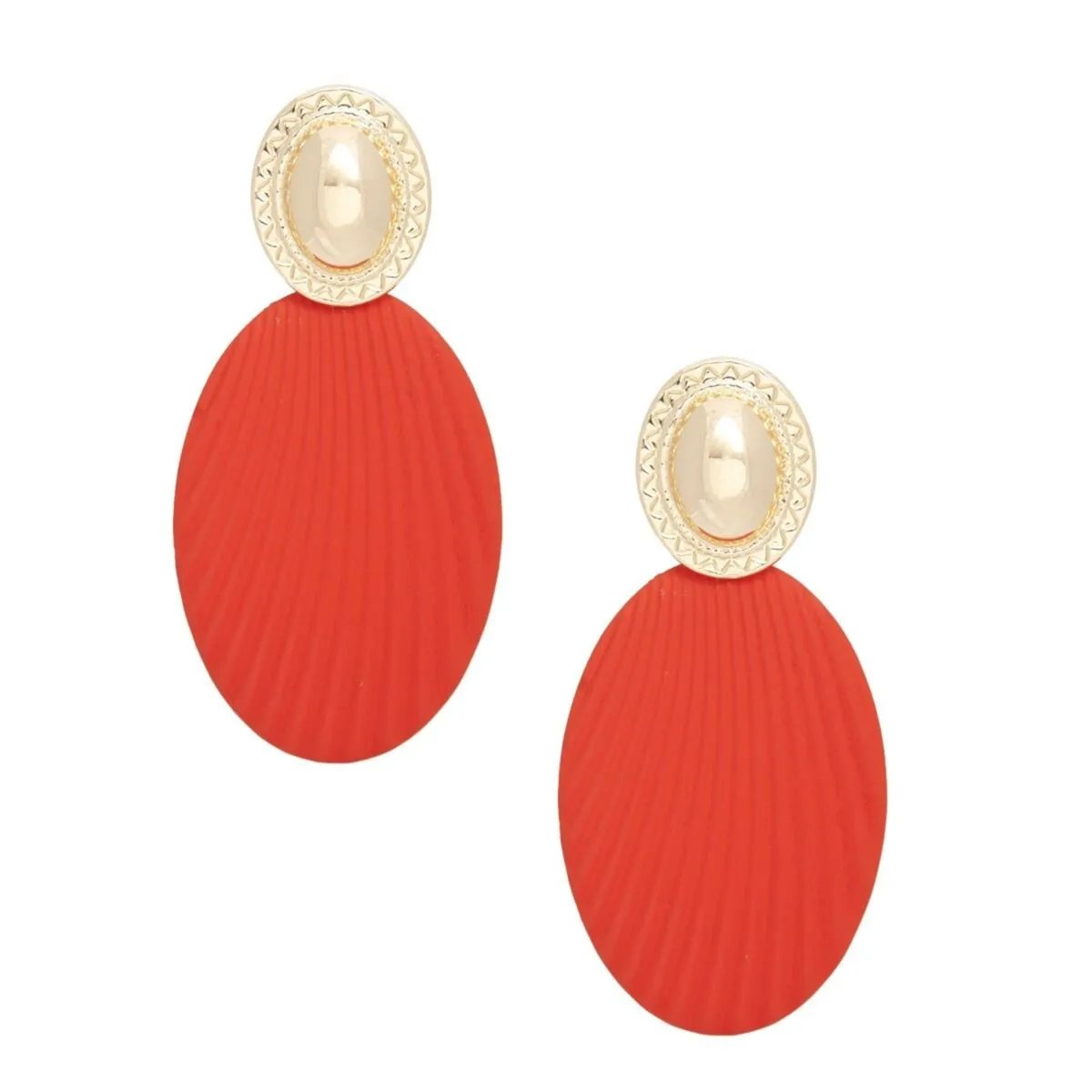 Orange Oval Drop Earrings – Gold Tone Stud, Ribbed Texture | Statement Fashion Jewelry