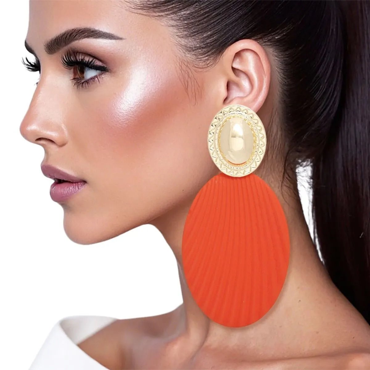 Orange Oval Drop Earrings – Gold Tone Stud, Ribbed Texture | Statement Fashion Jewelry