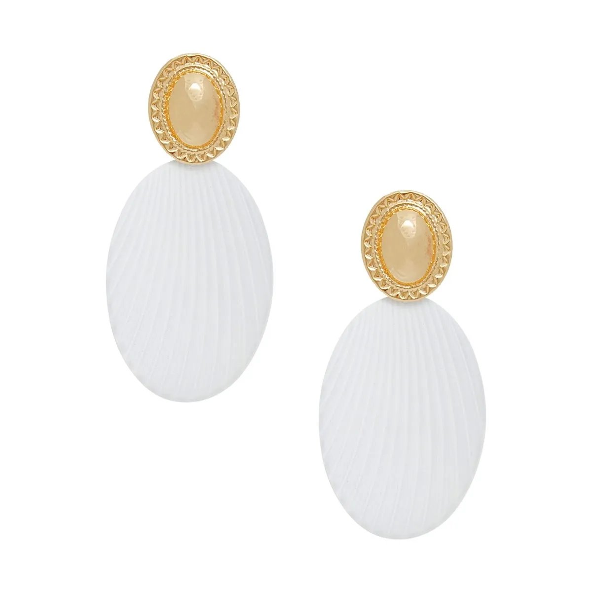 White Oval Drop Earrings – Gold Tone Stud, Ribbed Texture | Statement Fashion Jewelry
