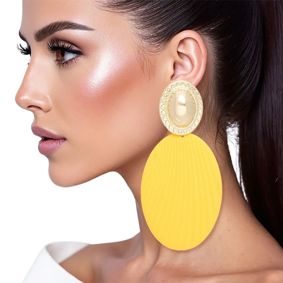 Yellow Oval Drop Earrings – Gold Tone Stud, Ribbed Texture | Statement Fashion Jewelry