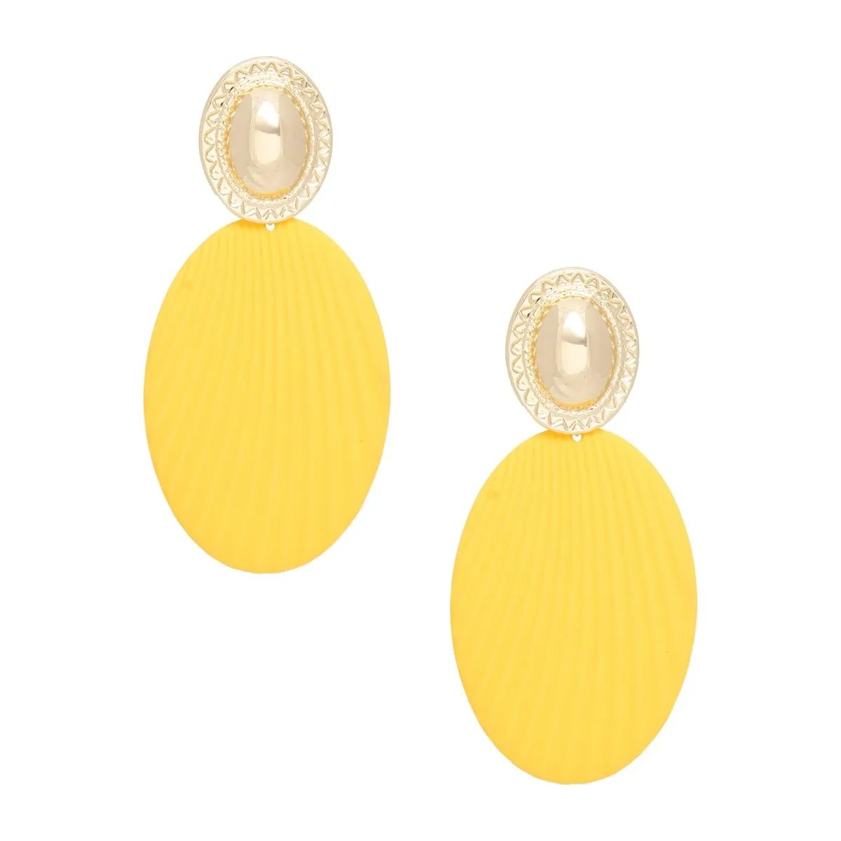 Yellow Oval Drop Earrings – Gold Tone Stud, Ribbed Texture | Statement Fashion Jewelry