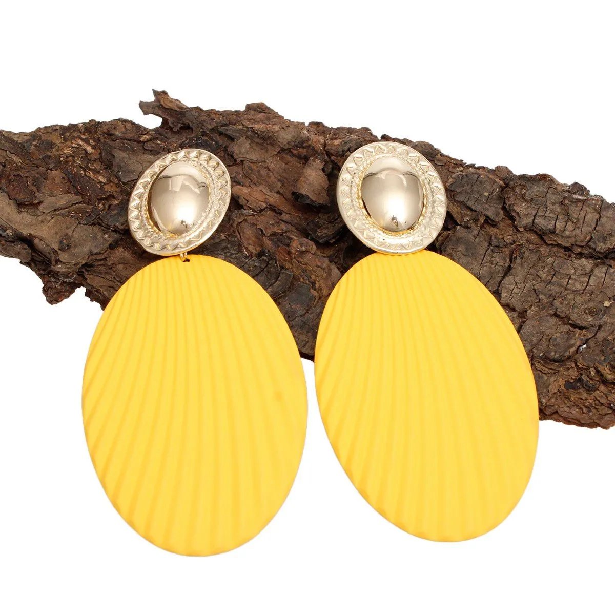 Yellow Oval Drop Earrings – Gold Tone Stud, Ribbed Texture | Statement Fashion Jewelry