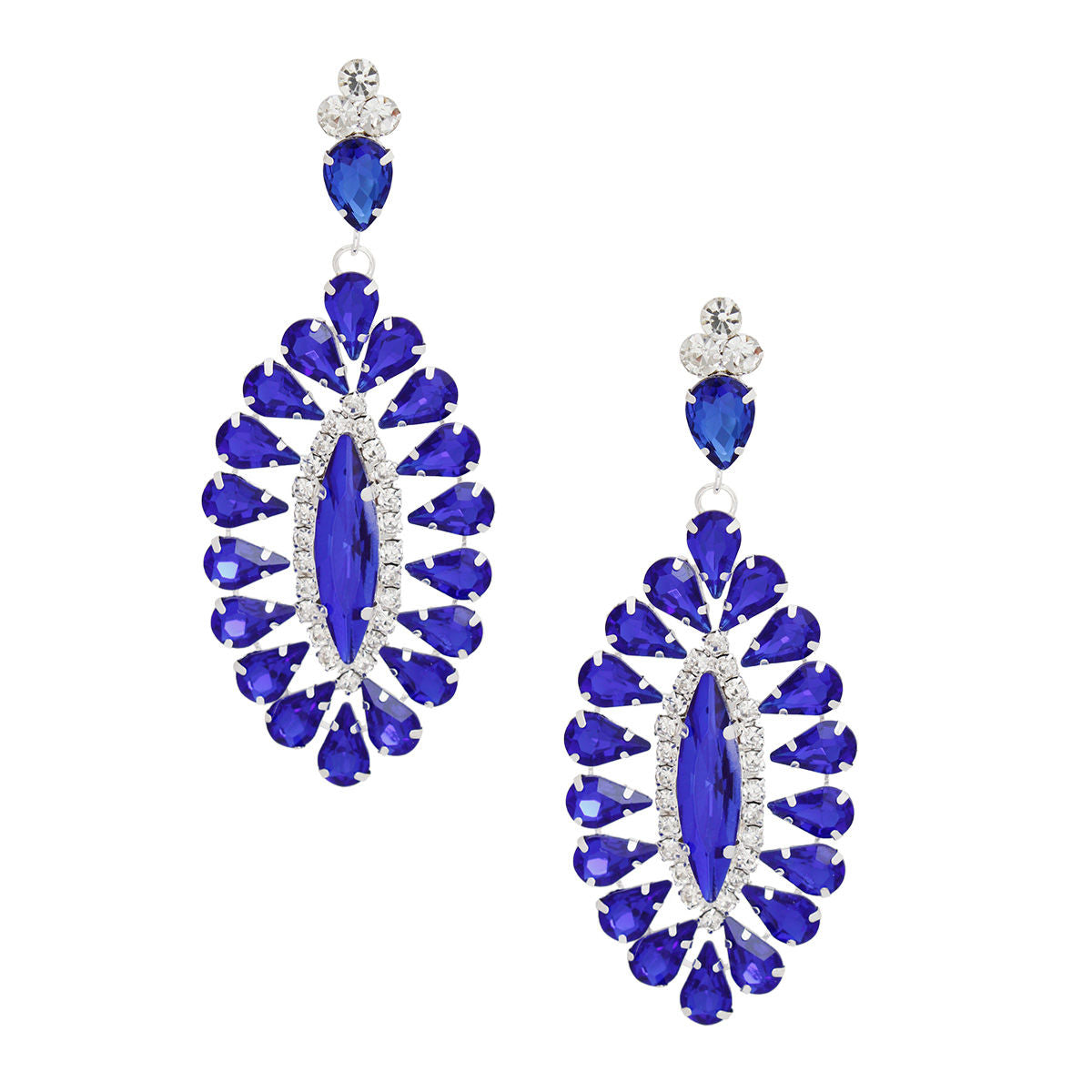 Blue Teardrop Crystal Earrings - Elegant Oval Marquise Dangle with Clear Rhinestone Accents Pinktown