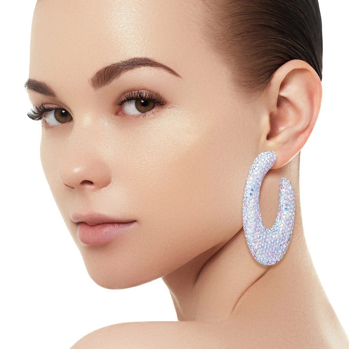 Aurora Borealis Rhinestone Crusted Chunky Open Hoop Earrings