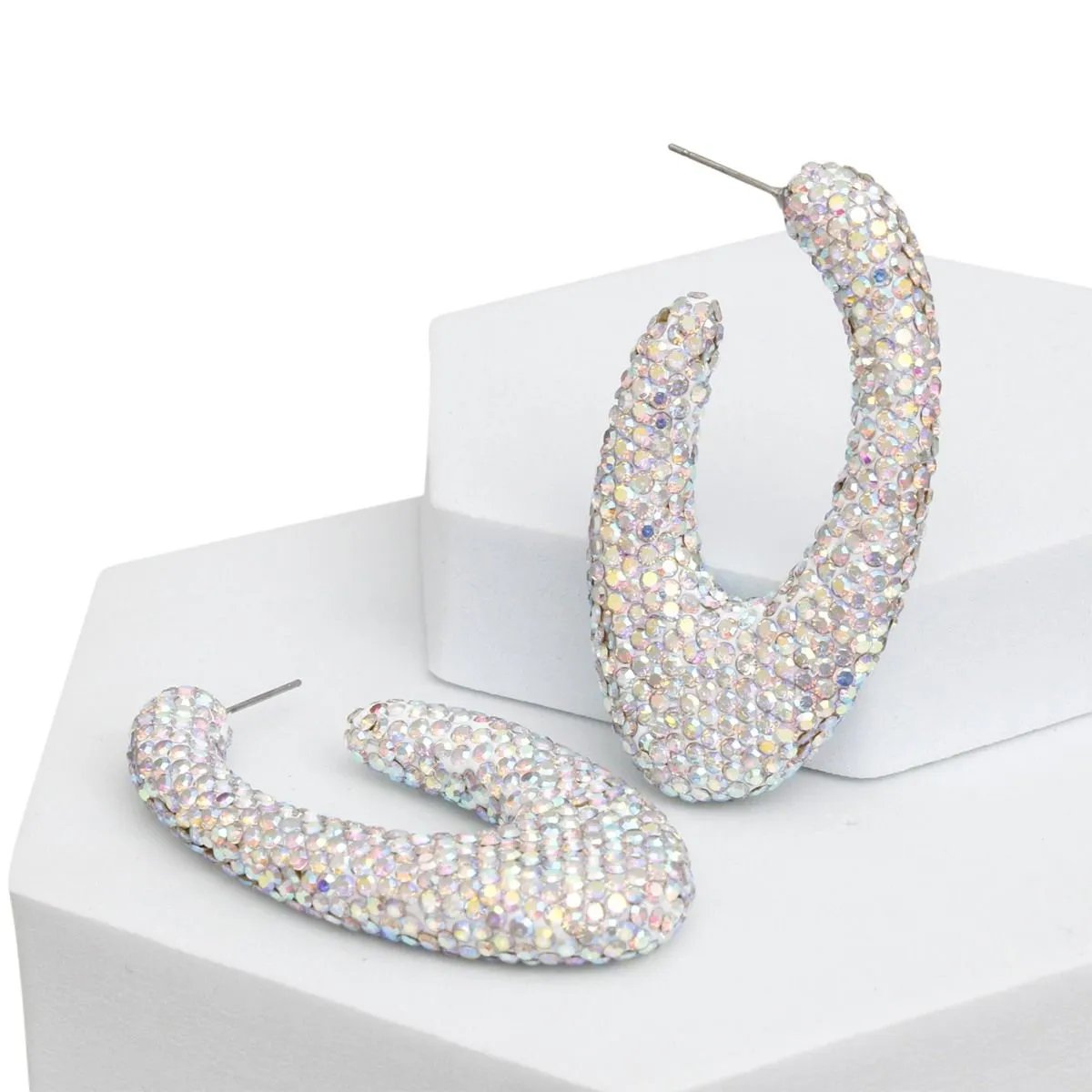 Aurora Borealis Rhinestone Crusted Chunky Open Hoop Earrings