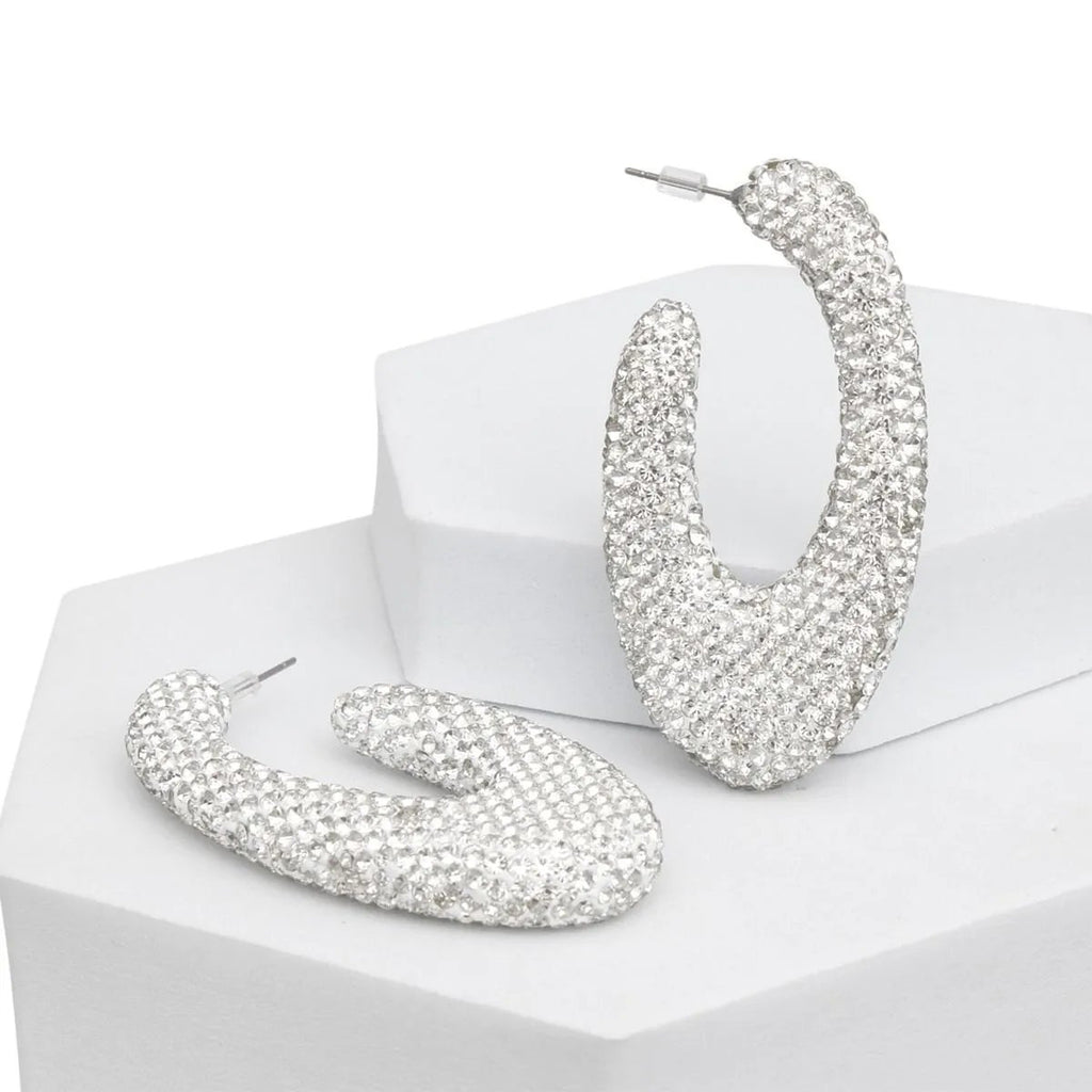 Clear Rhinestone Crusted Chunky Open Hoop Earrings