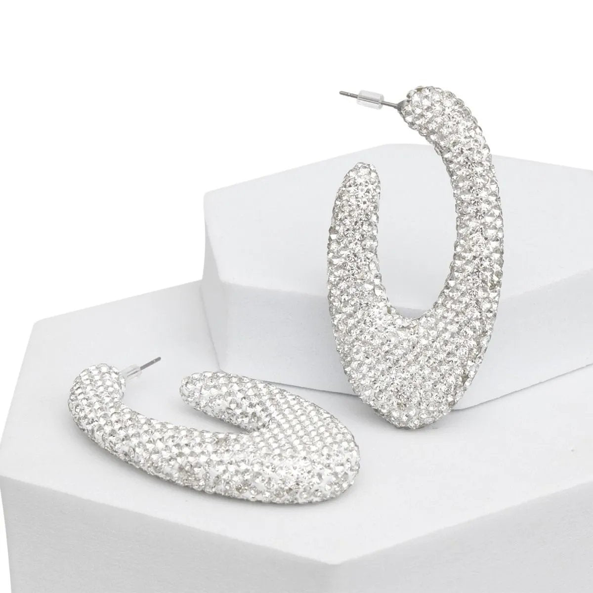 Clear Rhinestone Crusted Chunky Open Hoop Earrings