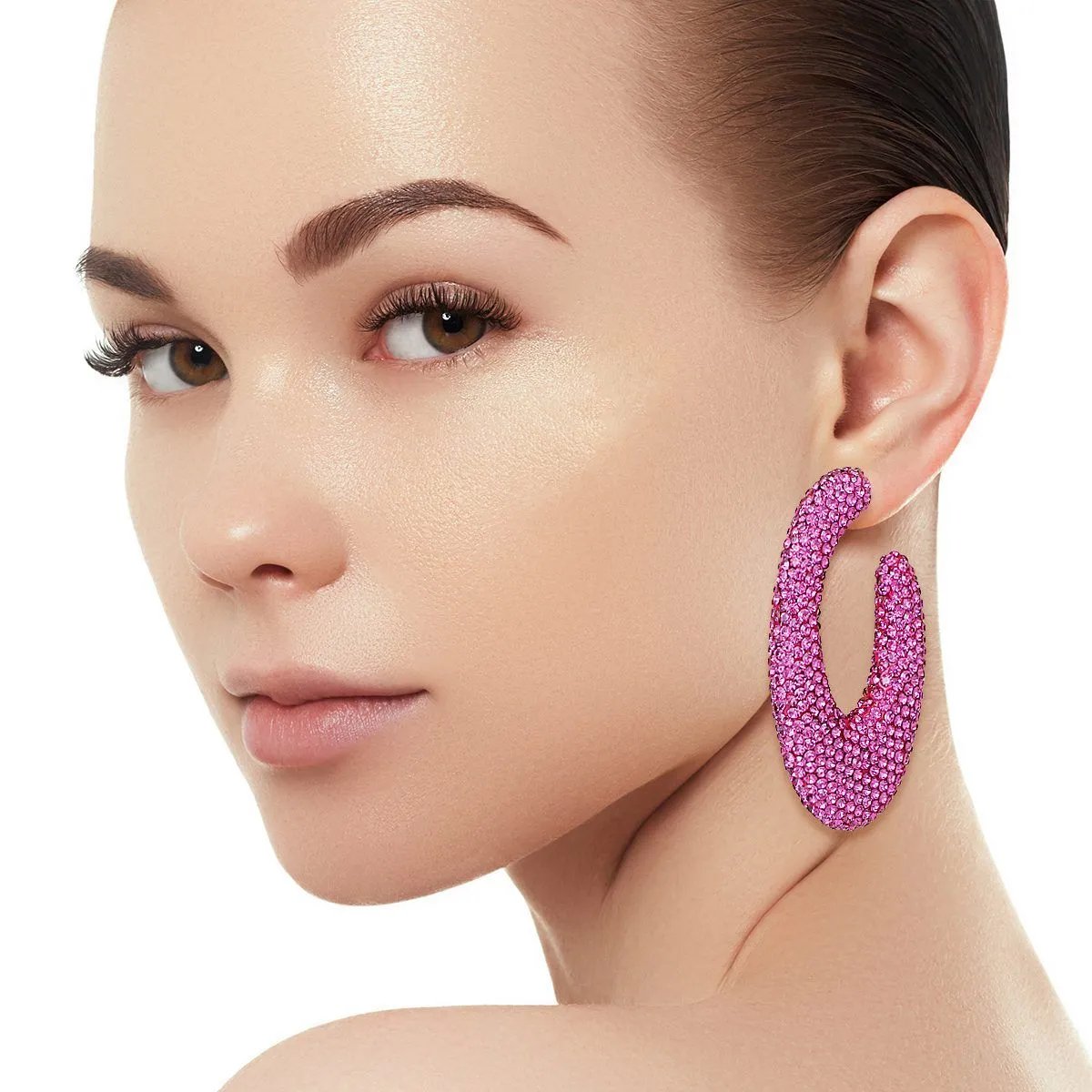 Dark Fuchsia Rhinestone Crusted Chunky Open Hoop Earrings