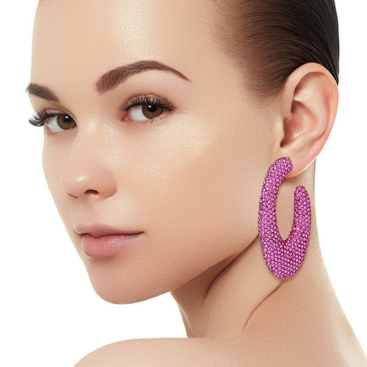 Dark Fuchsia Rhinestone Crusted Chunky Open Hoop Earrings Pinktown