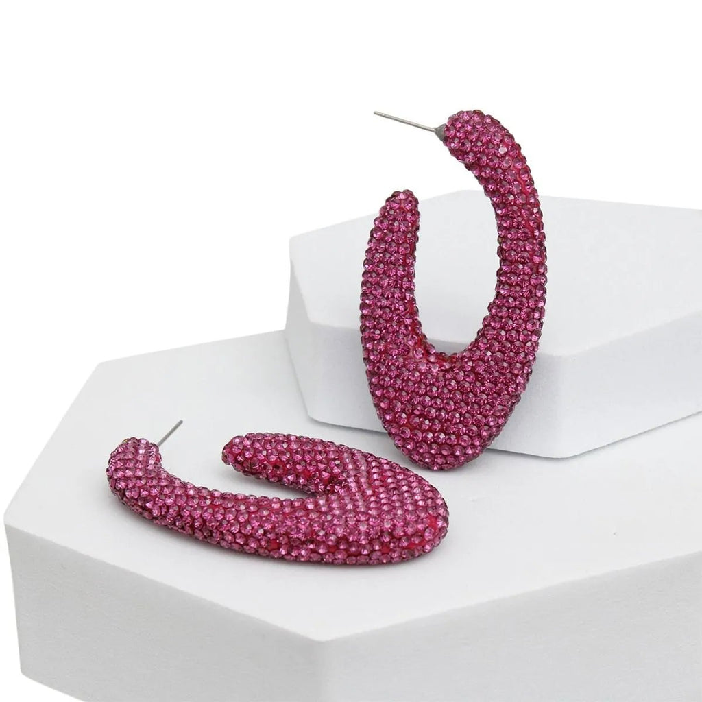 Dark Fuchsia Rhinestone Crusted Chunky Open Hoop Earrings