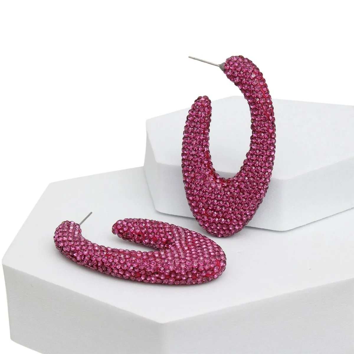 Dark Fuchsia Rhinestone Crusted Chunky Open Hoop Earrings