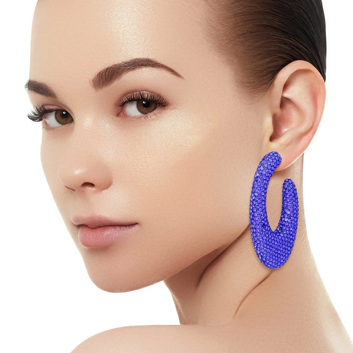 Royal Blue Rhinestone Crusted Chunky Open Hoop Earrings