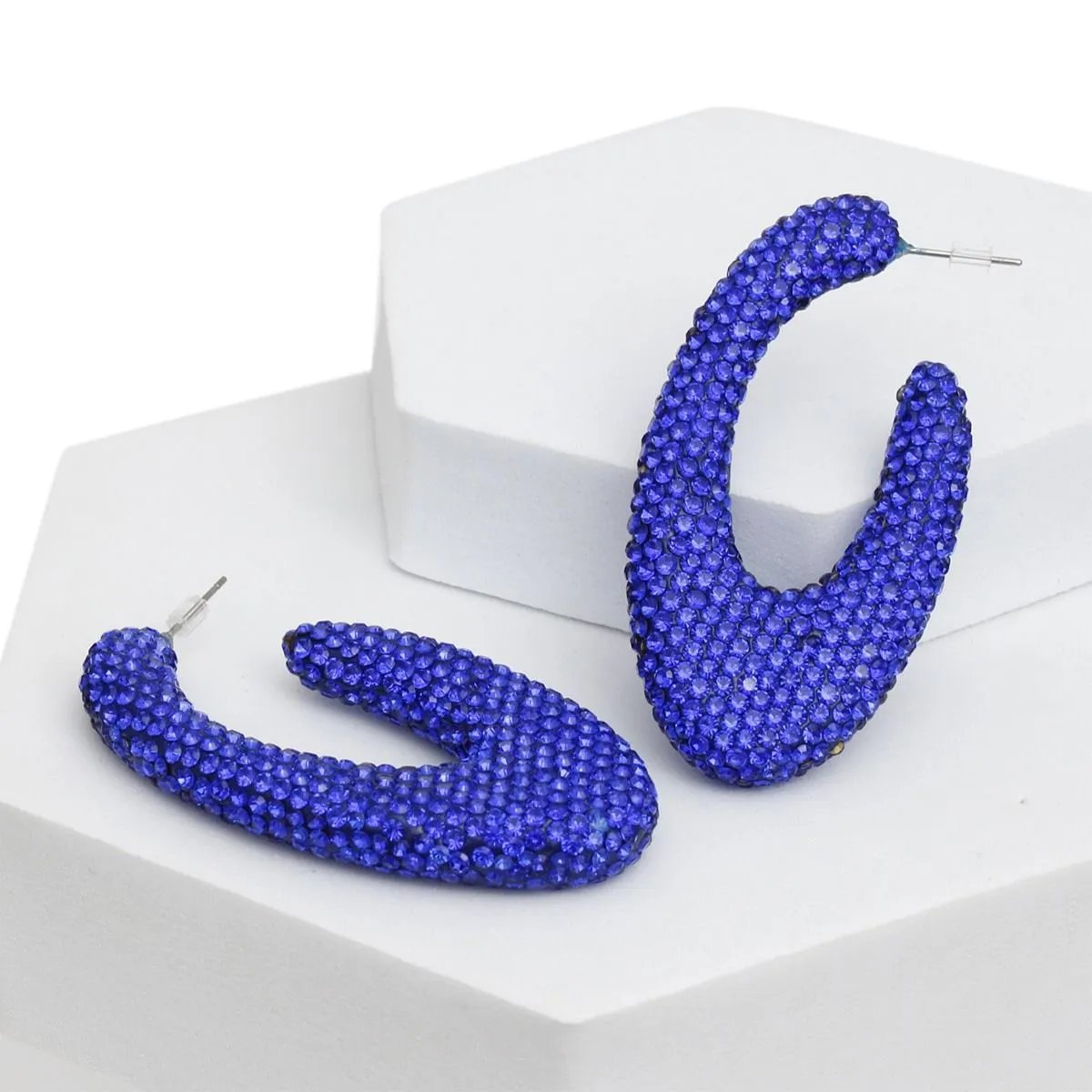 Royal Blue Rhinestone Crusted Chunky Open Hoop Earrings