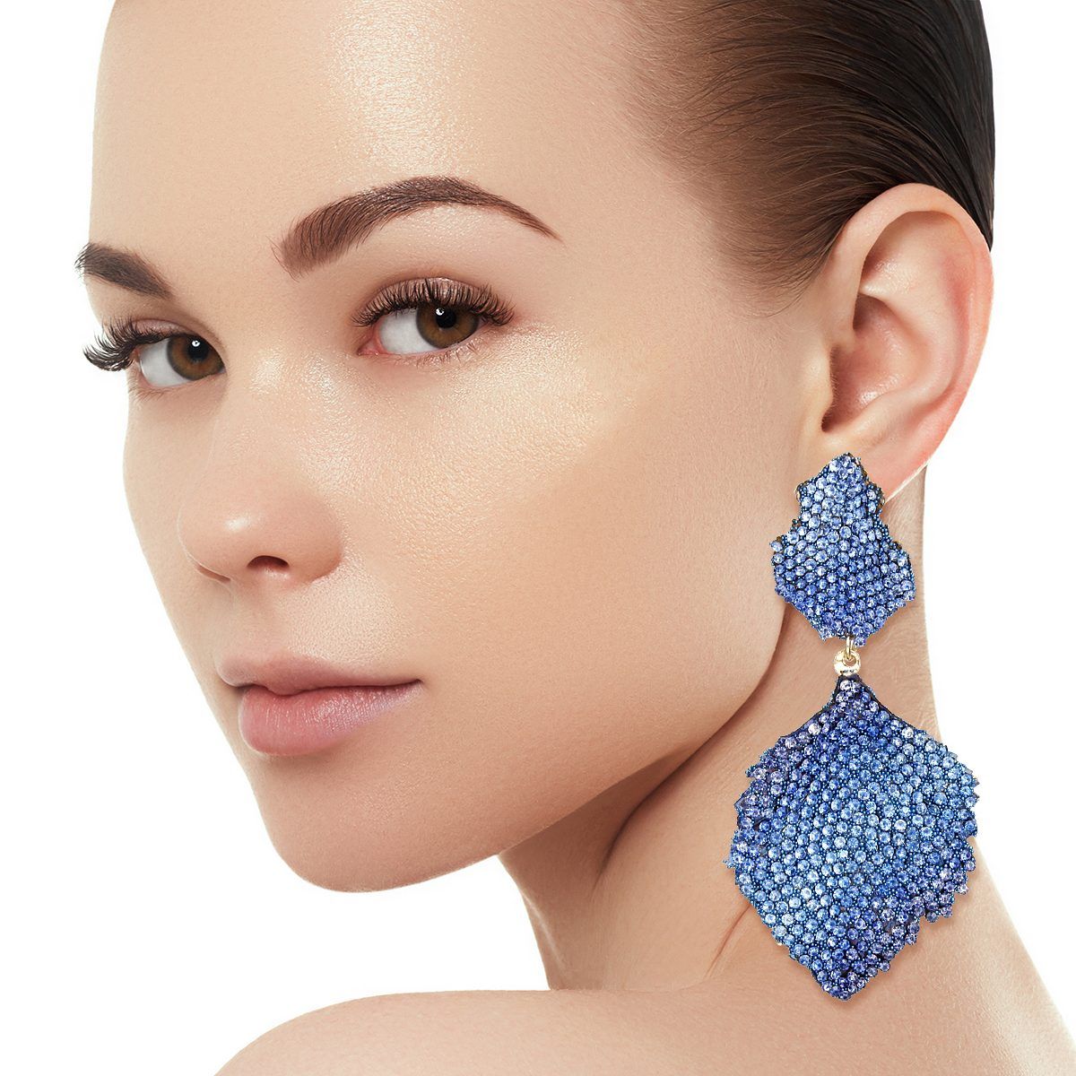 Gold Metal Petal Leaf Drop Earrings Royal Blue Pave Crystal Statement