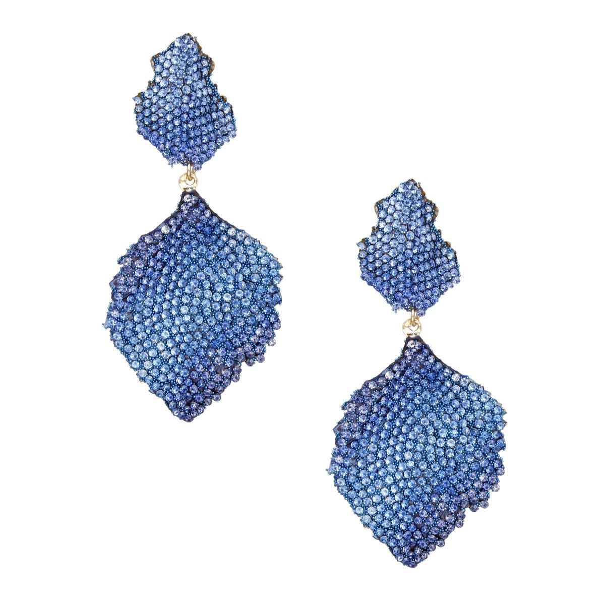 Gold Metal Petal Leaf Drop Earrings Royal Blue Pave Crystal Statement