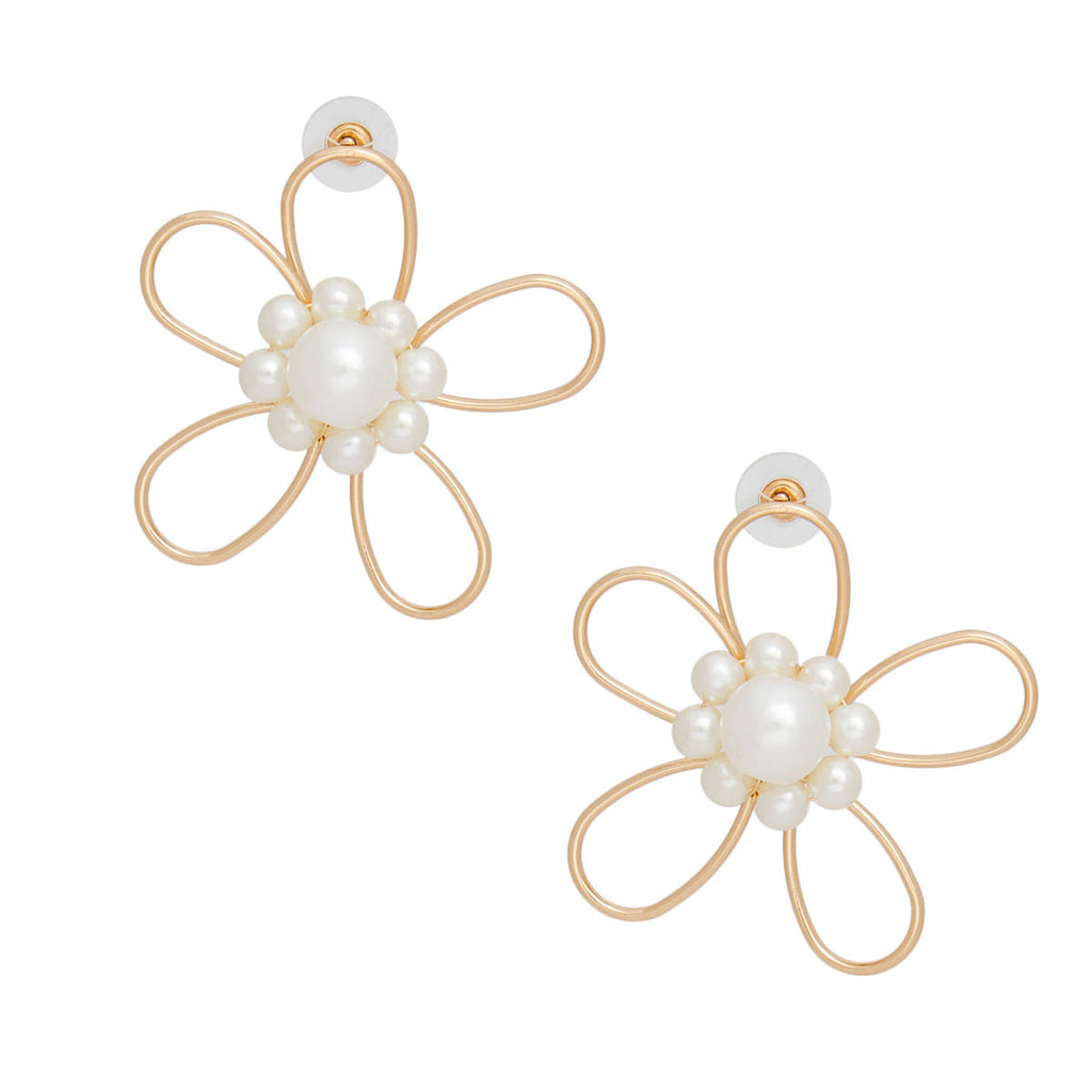 Gold Flower Cream Pearl Earrings | Fashion Jewelry