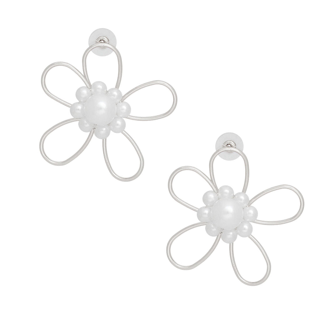 Silver Flower White Pearl Earrings | Fashion Jewelry