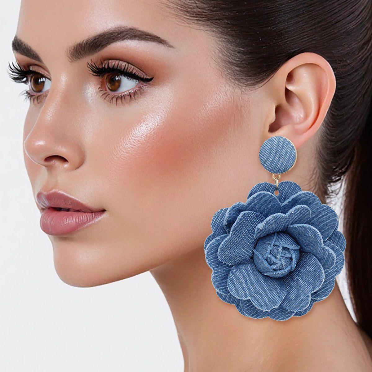 Drop Denim Blue Fabric Earrings Gold Metal Flower Studs