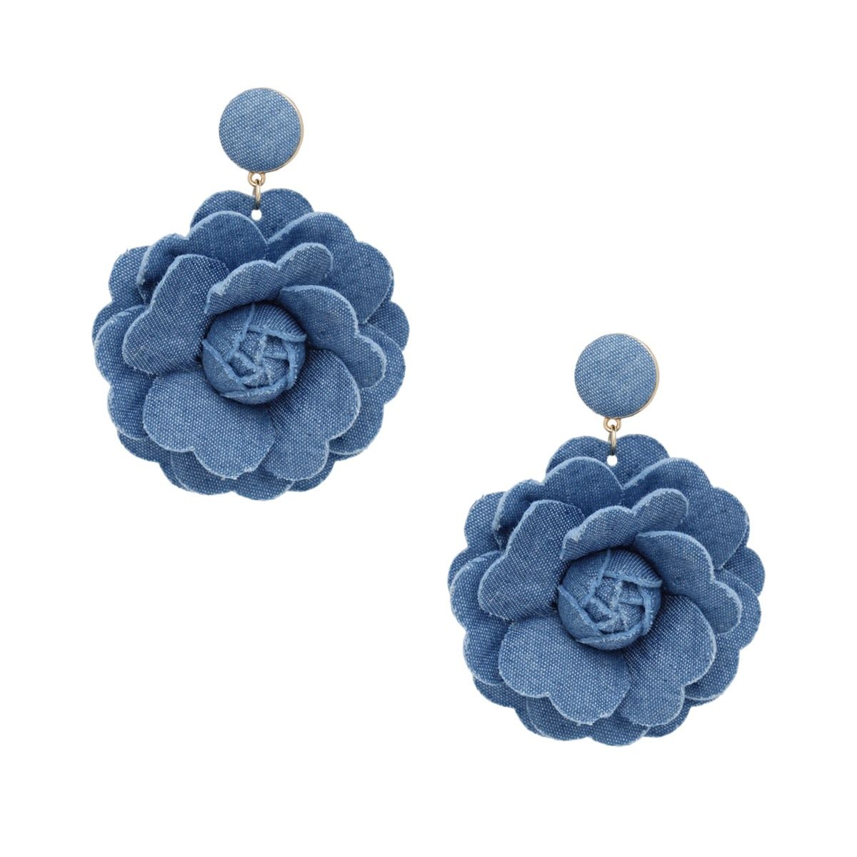Drop Denim Blue Fabric Earrings Gold Metal Flower Studs