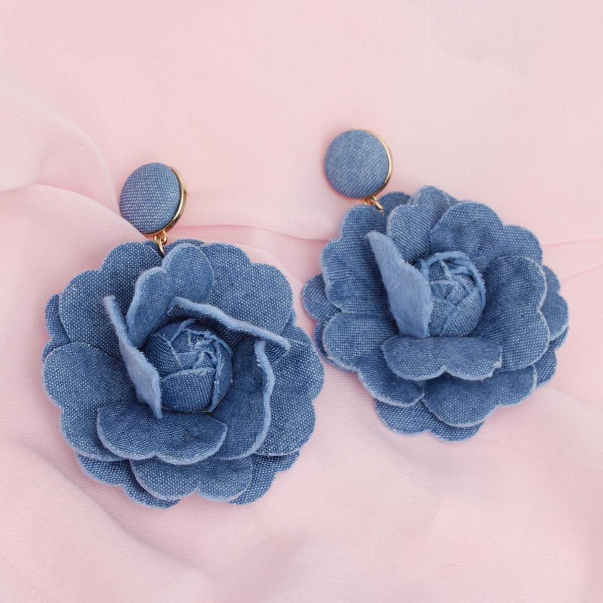Drop Denim Blue Fabric Earrings Gold Metal Flower Studs