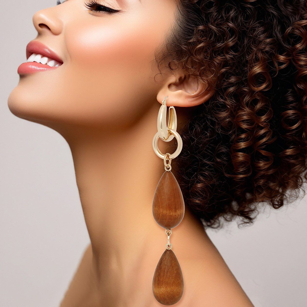Gold Hoop Earrings Featuring Chunky Brown Wood Beads Drop