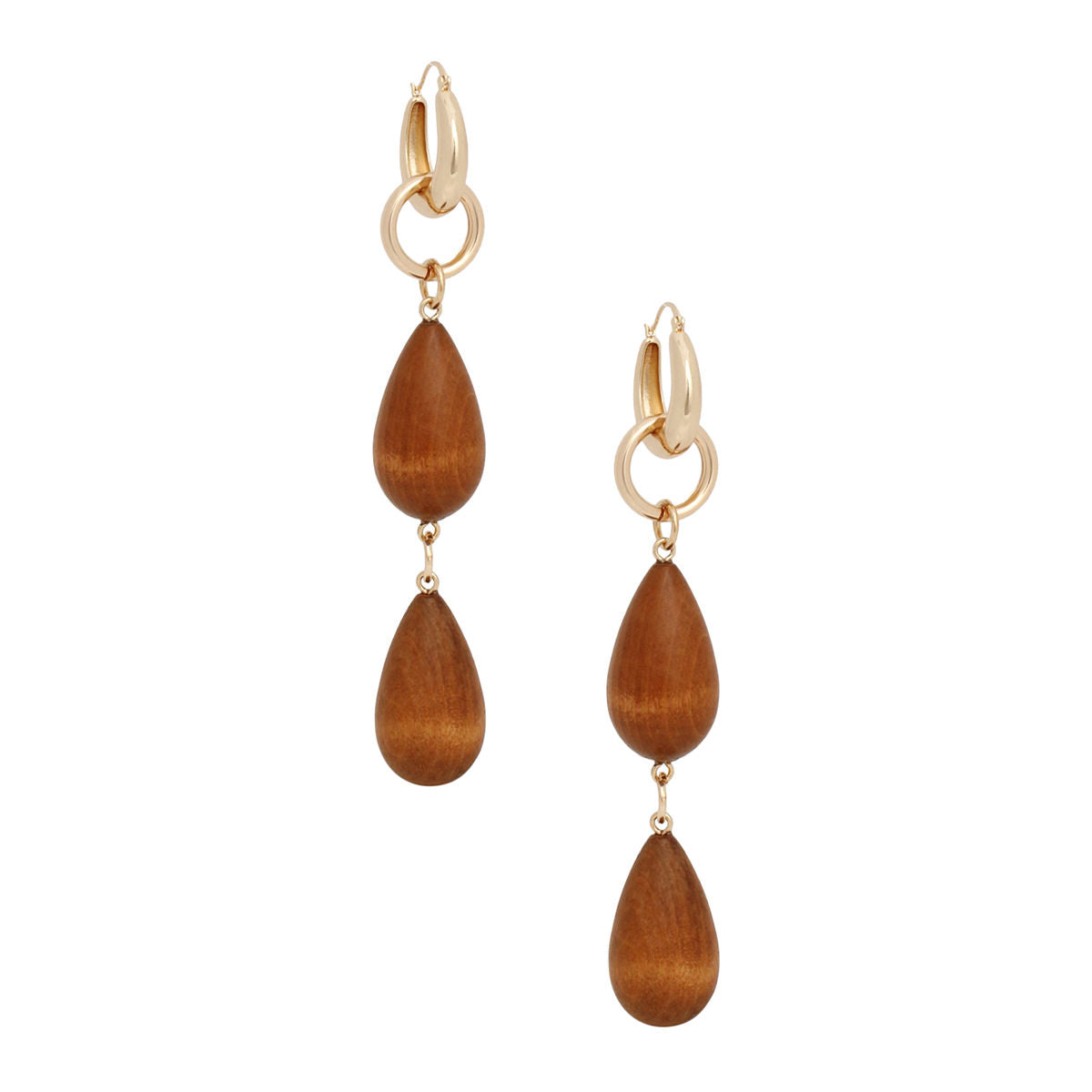 Gold Hoop Earrings Featuring Chunky Brown Wood Beads Drop