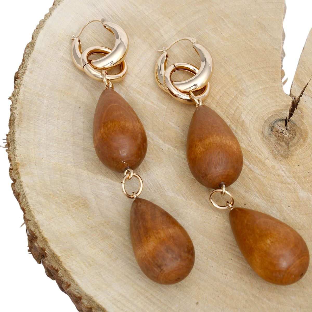 Gold Hoop Earrings Featuring Chunky Brown Wood Beads Drop