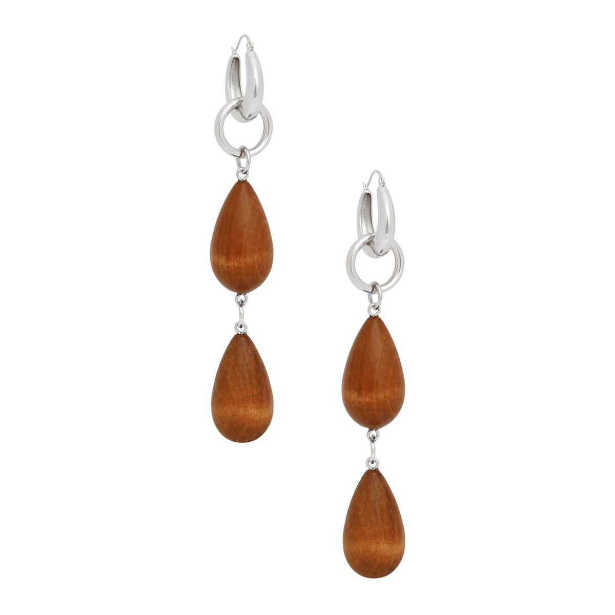 Silver Hoop Earrings Featuring Chunky Brown Wood Beads Drop