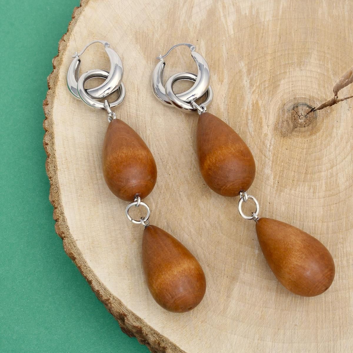 Silver Hoop Earrings Featuring Chunky Brown Wood Beads Drop