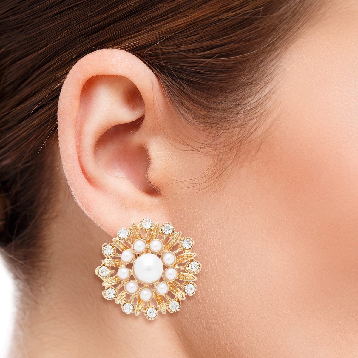 Vintage Inspired Gold Filigree Earrings Clip On Pearl Rhinestone | Costume Jewelry