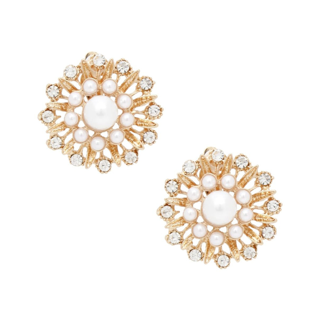 Vintage Inspired Gold Filigree Earrings Clip On Pearl Rhinestone | Costume Jewelry