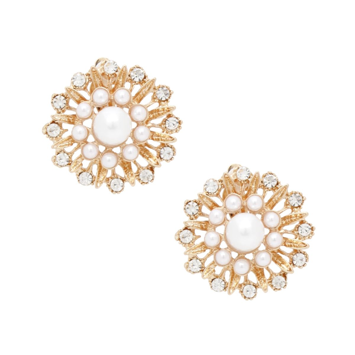 Vintage Inspired Gold Filigree Earrings Clip On Pearl Rhinestone | Costume Jewelry