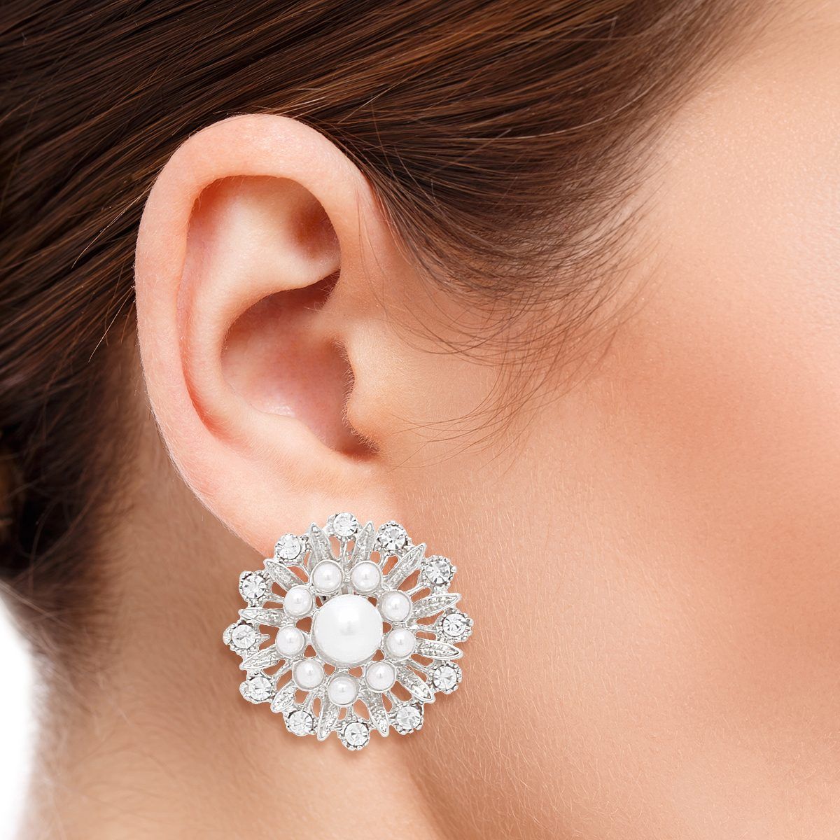 Vintage Inspired Silver Filigree Earrings Clip On Pearl Rhinestone | Costume Jewelry