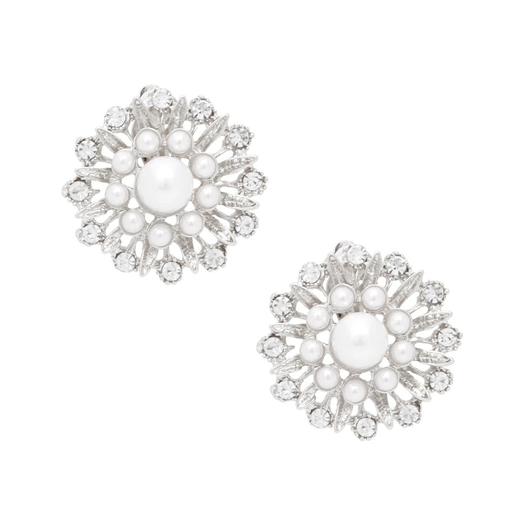 Vintage Inspired Silver Filigree Earrings Clip On Pearl Rhinestone | Costume Jewelry